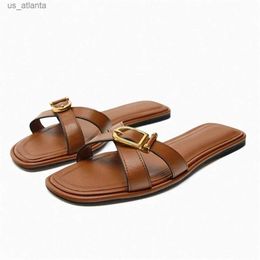 Slippers TRAF Leisure Indoor Flat Sandals 2024 Summer Casual Brown Women Slipper Cross Straps Instep Heel Pad Shoes For H240403WW5A