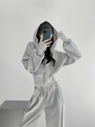 Women's Two Piece Pants Fashion Hooded Hoodies Sweat Two-piece Set Women Korean Drawstring College Double Zipper Solid Spring Loose Sports