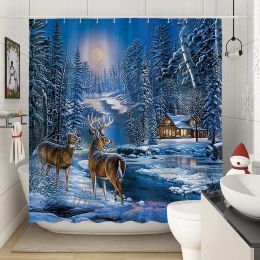 Winter Christmas Shower Curtain Xmas Reindeer Nature Forest Snowy Scenery Farmhouse Bath Curtain Polyester Fabric Bathroom Decor