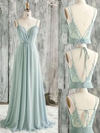 Party Dresses Green Chiffon Prom Long Pleats Spaghetti Strap Sweetheart A Line Backelss Lace Applique Formal Evening Gowns