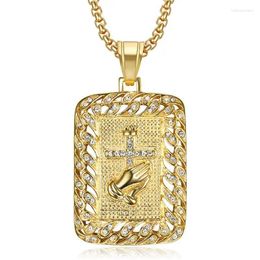 Pendant Necklaces Hip Hop Rhinestones Paved Bling Iced Out Gold Color Stainless Steel Prayer Hand Cross Sqaure Pendants Rapper Jewelry