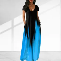 Casual Dresses Summer Loose Fit Dress Gradient Colour V Neck Maxi With Pockets For Women Soft Breathable Wear