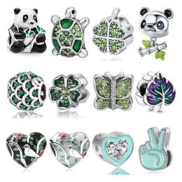 New European Green Charm Maple Leaf, Fourleaf Grass, Panda, Tortoise, Suitable for Pandora Bracelets DIY Women's Jewelry