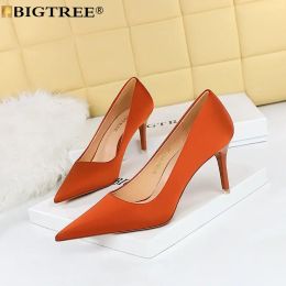 Pumps BIGTREE High Heels Women Pumps Stiletto Sexy Novelty Pointed Toe Silk 7.5CM Thin Heels Korean Style Office Career Women Shoes