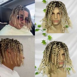 Toupees Transparent Full Lace Base Box Braids Toupee For Men Women and Kids 1B Human Hair Mix 613 Blonde Synthetic Hair Length 10inch