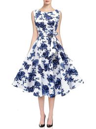 Women Blue Rose Party Floral Print Waistband Bell Midi Dress Casual Sweet Vintage Aline Office Lady Vestidos Summer 240321