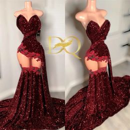 Burgundy Sweetheart Long Prom Dress For Black Girls 2024 Sequined Birthday Party Dresses Appliques Evening Gowns With Tail Robe