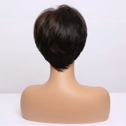 Ombre Brown Synthetic Hair Short Pixie Cut Straight Wig with Bangs for Black Women Daily Cosplay Heat Resistant Natural Hair Wig