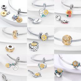 Charms Fit Pandora Original Bracelet 925 Sterling Silver Sunflower Butterfly Flower Heart Charms Beads Fine DIY Jewelry Making