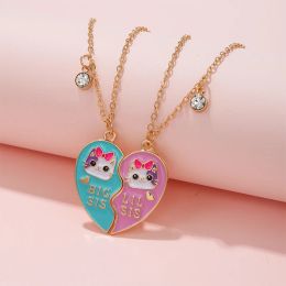 2PCS/Set Cute Cat Heart Pendant Chain Best Friends Sisters BFF Necklace Friendship Children's Jewellery Gift for Girls