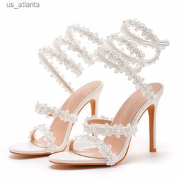 Dress Shoes Women Sandals Fashion Sexy String Bead PU 10.5CM Thin Heels Buckle Strap Narrow Band Wedding Womens White Party Prom H240403