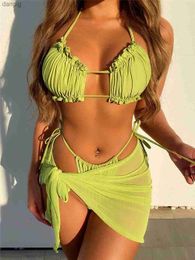 Women's Swimwear Sexy Grn Micro Thong 3 Piece Bikinis Set with Cover Up Women Ruffled Swimsuit String Halter Swimwear Beachwear Biquinis Bather Y240402