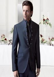 Navy Blue Stand Collar Slim Fit 3pieces Men Suit JacketPantvest Fashion Design Groom Tuxedos Groomsmen Wear Wedding Blazer Sui2983110