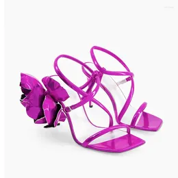 Dress Shoes Patent Leather Rose Flower Sandals For Women Square Toe Thin High Heels Stiletto Ankle Strap Party Pumps