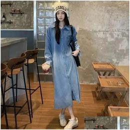 Basic Casual Dresses Vintage Long Dress Spring Korean Style Shirt Turn-Down Collar Gradient Sleeve Loose Denim Pockets For Women Drop Dh5Ih