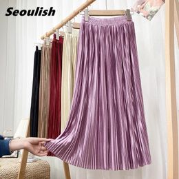 Seoulish Stain Pleated Womens Long Skirts Spring Summer Multi Colours High Waist Harajuku Umbrella Maxi Female 240321