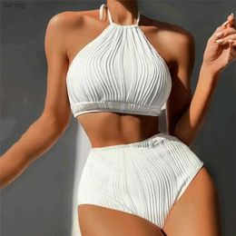 Women's Swimwear Sexy White High Waisted Bikini Set Women Ribbed Swimwear Push Up Swimsuit Halter Backless Crop Top Back Hollow Out Bathing Suit Y240402