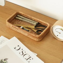 Rectangular Rattan Fruit Baskets Woven Storage Bowl Key Holder Stackable for Shelf Kitchen Bathroom Table Organiser Serving Tray