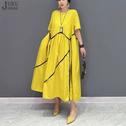 Korean Style 2023 Summer Woman Casual Wear Yellow Black Long Pullover Dress Loose Fit Big Size Robe Femme JJXD366 240327