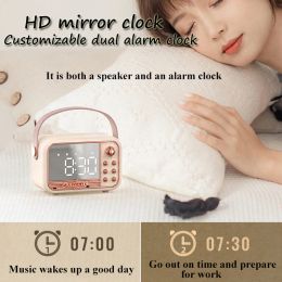 Retro Bluetooth Speaker LED Mirror Classical Music Player HIFI Stereo Sound with Time Display Dual Alarm Clock Support TF AUX
