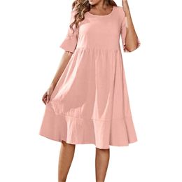 A Line Cotton Linen Dresses Womens Solid Plus Size Robe Midi Dress Beach Party Flared Sleeve Sundress Oversized Dress 5xl 240320