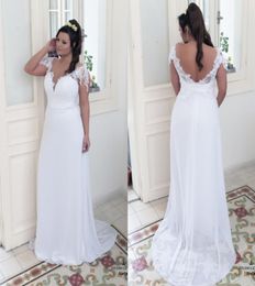 2018 Sexy Deep V neck Open Back Wedding Dresses Plus size Applique Lace Beach Stylish With Short Sleeves Chiffon Bridal Gowns9290390