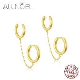 Earrings ALLNOEL Plated Gold Hoop Earrings 925 Silver Woman Double Hole Link Chain Circle Girl Ear Rings for Women Fine Jewely Newly 2022