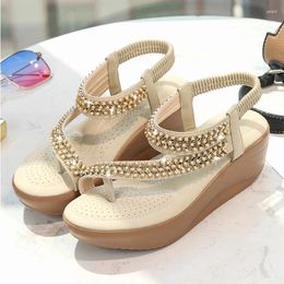 Dress Shoes Bohemia Crystal Clip Toe Gladiator Sandals Women Elastic Band Beach Woman Muffins Rhinestones Wedges Heels Sandalias Femme