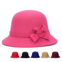 Berets 2024 Bowknot Bowler Hat Elegant Faux Wool Wide Brim Fedoras Tea Party Old Ladies Women Felt Bucket Floppy Panama