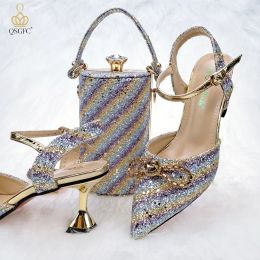 Slippers Qsgfc 2022 Latest Colourful Sequins and Diamond Butterfly Design Women's Shoes and Bags Set Violet Colour