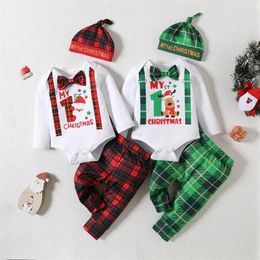 Clothing Sets 0-12months Born Boy Xmas Gentleman Clothes Set Romper With Bowtie Plaid Pants Hat For Baby Boys My First Christmas Outfit