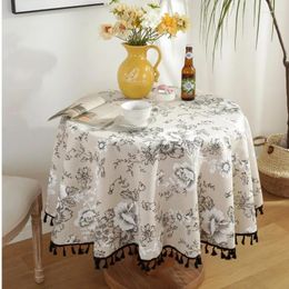 Table Cloth Flower Linen Cotton Tablecloth With Pompom Retro Nappe De Round Tafelleed Tea
