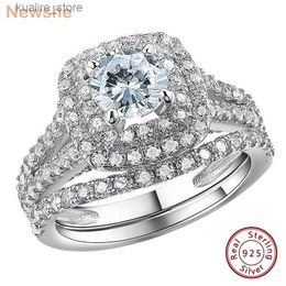 Cluster Rings Newshe 2 Pcs 925 Silver Bridal Jewellery Double Halo Round Cut AAAAA Cz Engagement Rings Wedding Band for Women Victorian Style L240402