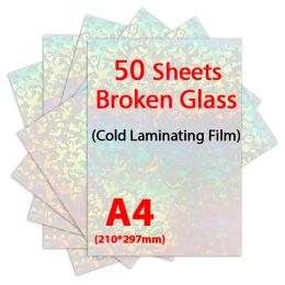 Lifestyle 50 Sheets A4 Holographic Sand Foil Adhesive Tape Back Broken Glass Heart Cold Laminating Film on Paper Plastic Diy Package Card