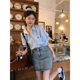 Women's Blouses 2024 Summer Korean Chic Design Shirt Unique Striped Vintage Shirts Puff Sleeves Short Sleeved Camisas De Mujer