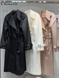 Women's Trench Coats 2024 Spring Heavy Splash-Ink Distressed Belt Waist Long Coat Loose-fit Sleeve Elegant Female