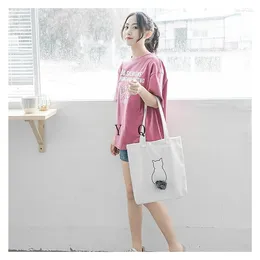 Bag Women Canvas Shoulder Cartoon Animal With Pompon Tail Female Cotton Shopping Shool Books Bags Totes For Ladies