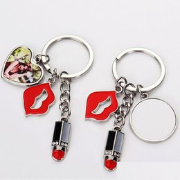 Keychains Lanyards Sublimation Blank Diy Heart Round Red Lip Lipstick Alloy Sier Plated Pendants Designer Jewellery Lover Key Rings F Dhfex