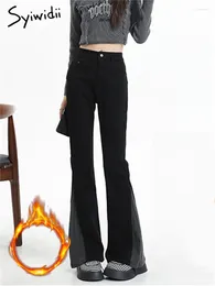 Women's Jeans Syiwidii Velvet Thicken High Waisted For Women 2024 Autumn Winter Vintage Slim Flare Chic Spliced Black