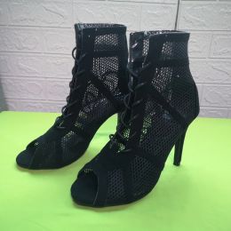 Boots Heel Sandals Women High Shoes Top Dance Shoes Black Ballroom Boots Salsa Tango Fashion Party Mesh Cutout High Summer Shoes Girl