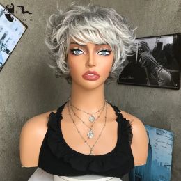 Wigs Short Mixed Grey Natural Curl Wavy Synthetic Wig With Bangs For Women Fluffy Hair High Temperature Fibre Cosplay Daily Wear Wigs