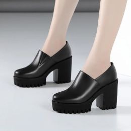 Pumps 8cm Small Size 3243 Deep Mouth Black Fur Shoes Woman Block High Heels Pumps 2023 Thick Bottom Platform Shoes Model Office Work