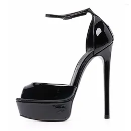 Dress Shoes Plus Size 46 Black Patent Leather Open Toe High Heel 14CM Stiletto Heels Platform Pumps Cutouts Shallow Women Sandals