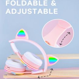 Cute Pink Cat Ears Music Headset Gaming Bluetooth Headset with RGB Flash and Microphone Gift for Kids Girls