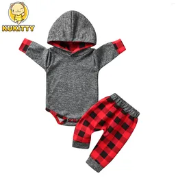 Clothing Sets 2pcs Fashion Toddler Baby Boy Clothes Set Cotton Long Sleeve Hooded Romper Bodysuit Top And Red Plaid Pants Born Outfit