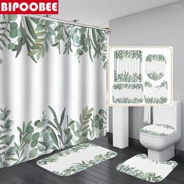 Shower Curtains Green Plant Leaves Curtain Bathroom Set Waterproof Fabric Bath White Anti-slip Carpet Toilet Lid Cover Floor Mat