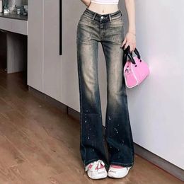 Women's Jeans Original Design Spicy Girl Style Low-Waisted Contrast Washable Old Zip Pocket Button Autumn Slim Micro Flare Pants