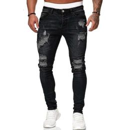 Cross Border European and American Emblem Embroidered Men's Jeans with Knee Tears Zipper Small Feet Pants Foreign Trade Large Size Denim Pants Purple Jeans 454