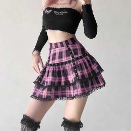 Urban Sexy Dresses FICHOR Mall Goth Gothic Lace Ruffle Mini Skirts Womens Harajuku Fairy Grunge Pink Plaid Pleated Skirt Japanese Lolita Streetwear 2443