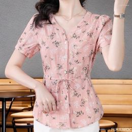 Women's Blouses Short Cotton Linen Embroidery Tops 2024 Summer Women Cute Girls Retro Vintage Lace Floral Print Peplum Pink Top Shirts